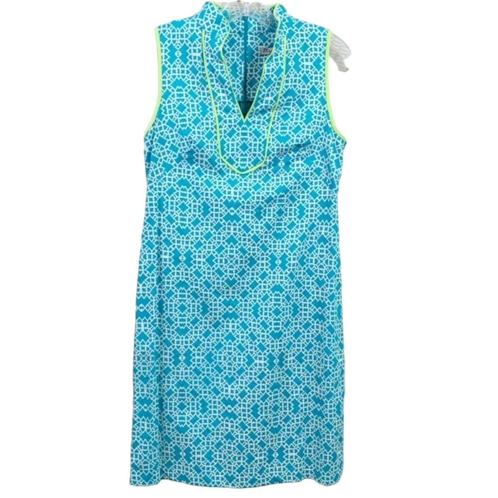Eliza J Sleeveless V-Neck Teal/White Mandarin Collar Dress